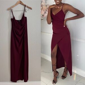 Lulu’s Burgundy Ruched Surplice Maxi Dress